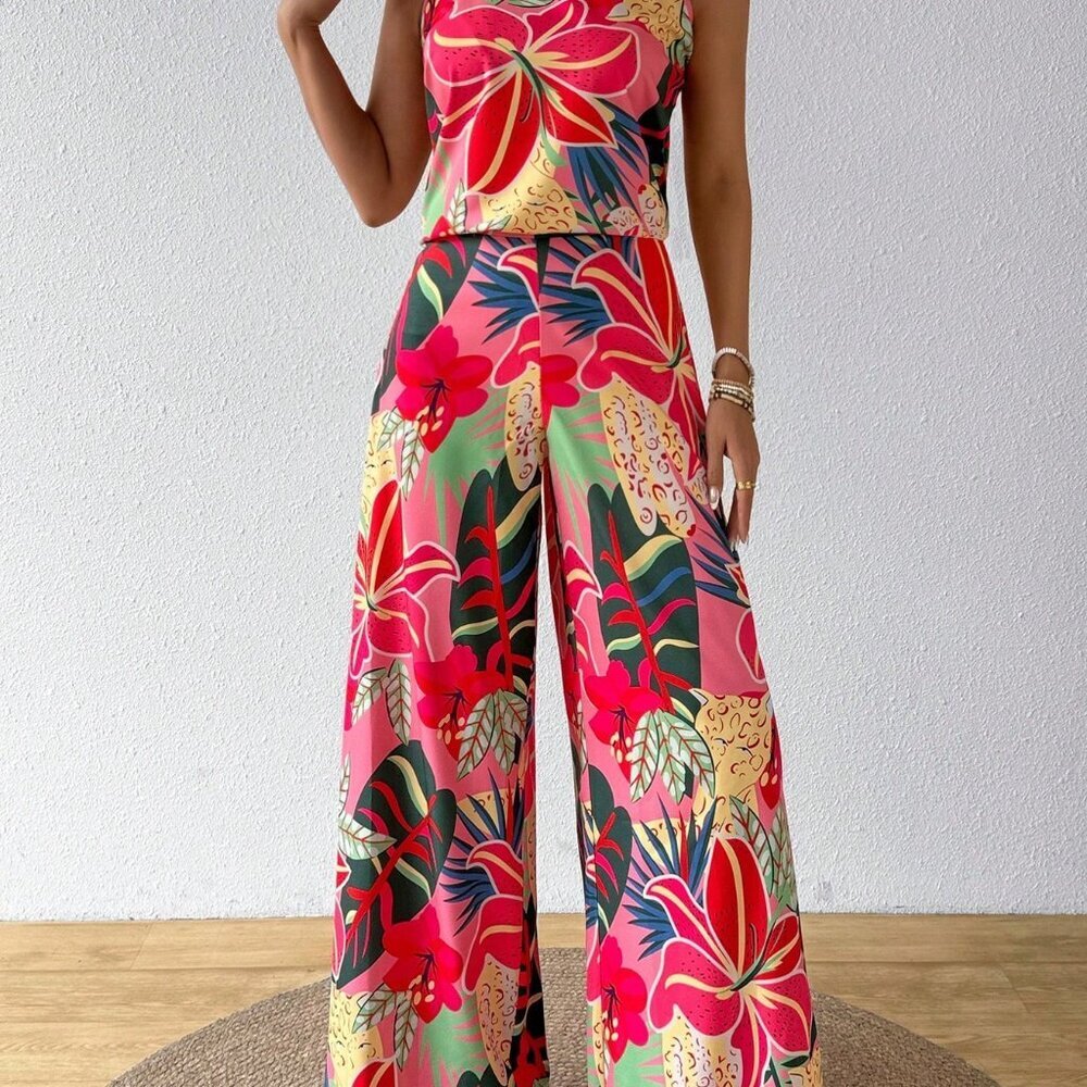 Pink Boho Women's Bohemian Tropical Print Halter Neck Set